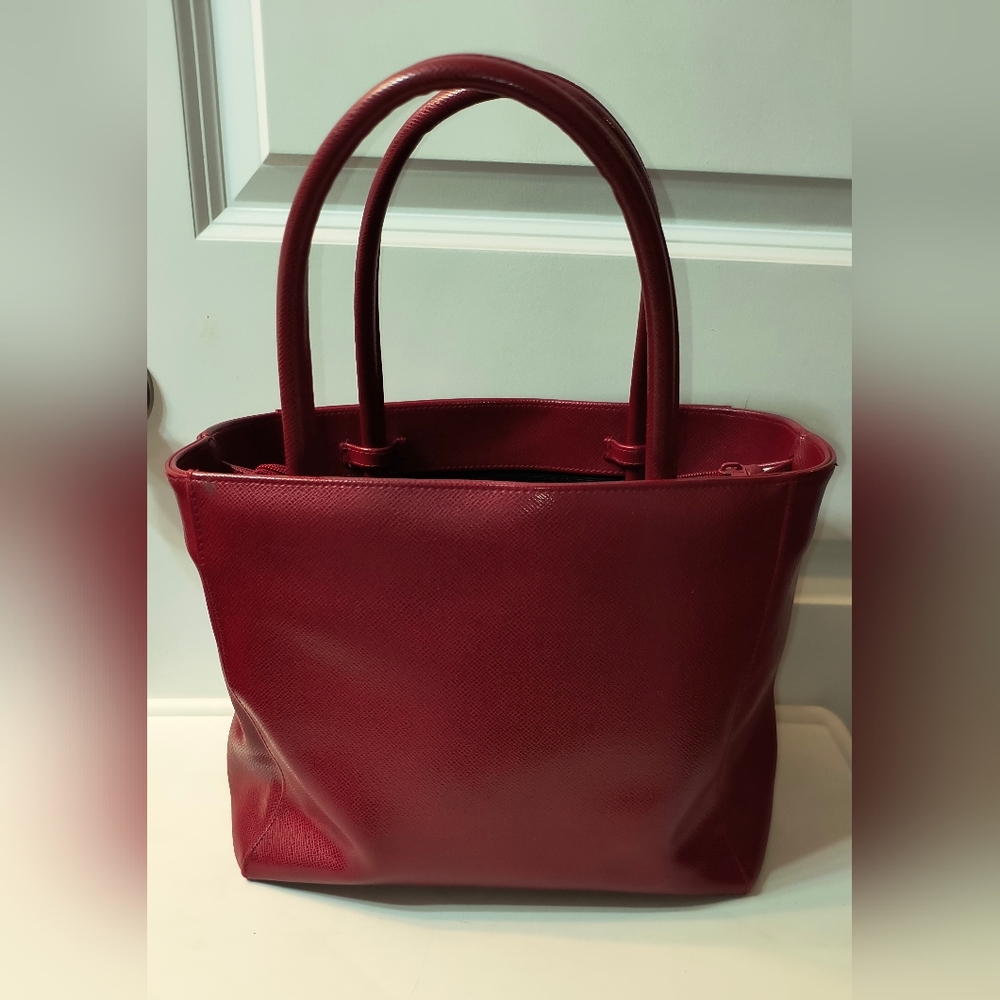 Red Vegan Leather Tote with Gingham Lining + Matching Makeup Bag - Picture 2 of 8
